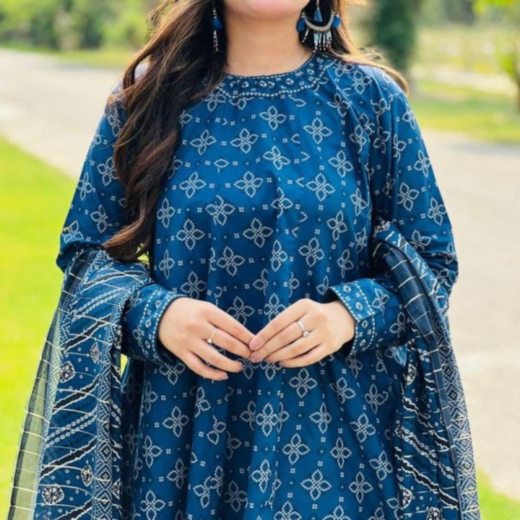 3 Piece Printed Swiss Lawn Suit – Blue, Stiched Suit (standard Size)✨