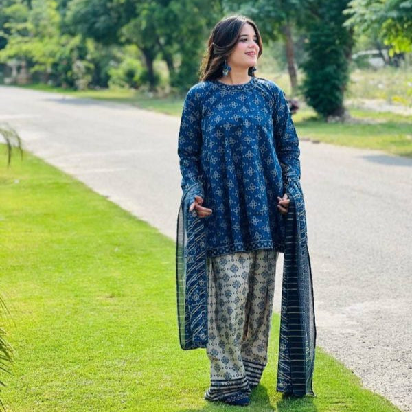 3 Piece Printed Swiss Lawn Suit – Blue, Stiched Suit (standard Size)✨