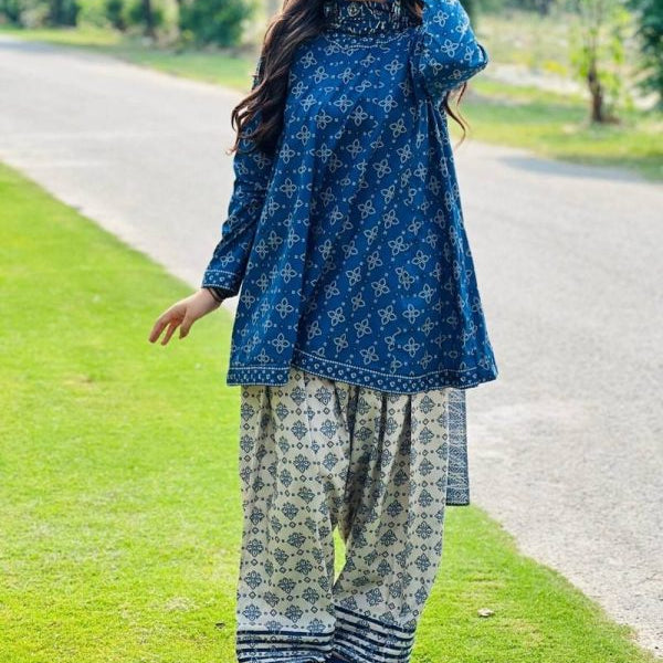 3 Piece Printed Swiss Lawn Suit – Blue, Stiched Suit (standard Size)✨