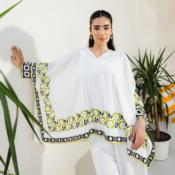Women’s 3-piece Swiss Lawn Printed Suit – White, Medium Size, Shirt, Trouser & Inner Set, Elegant Summer Outfit✨